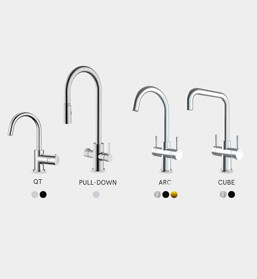 Kitchen faucet models showing QT, Pull-Down, Arc and Cube styles with silver, black and gold finishes.