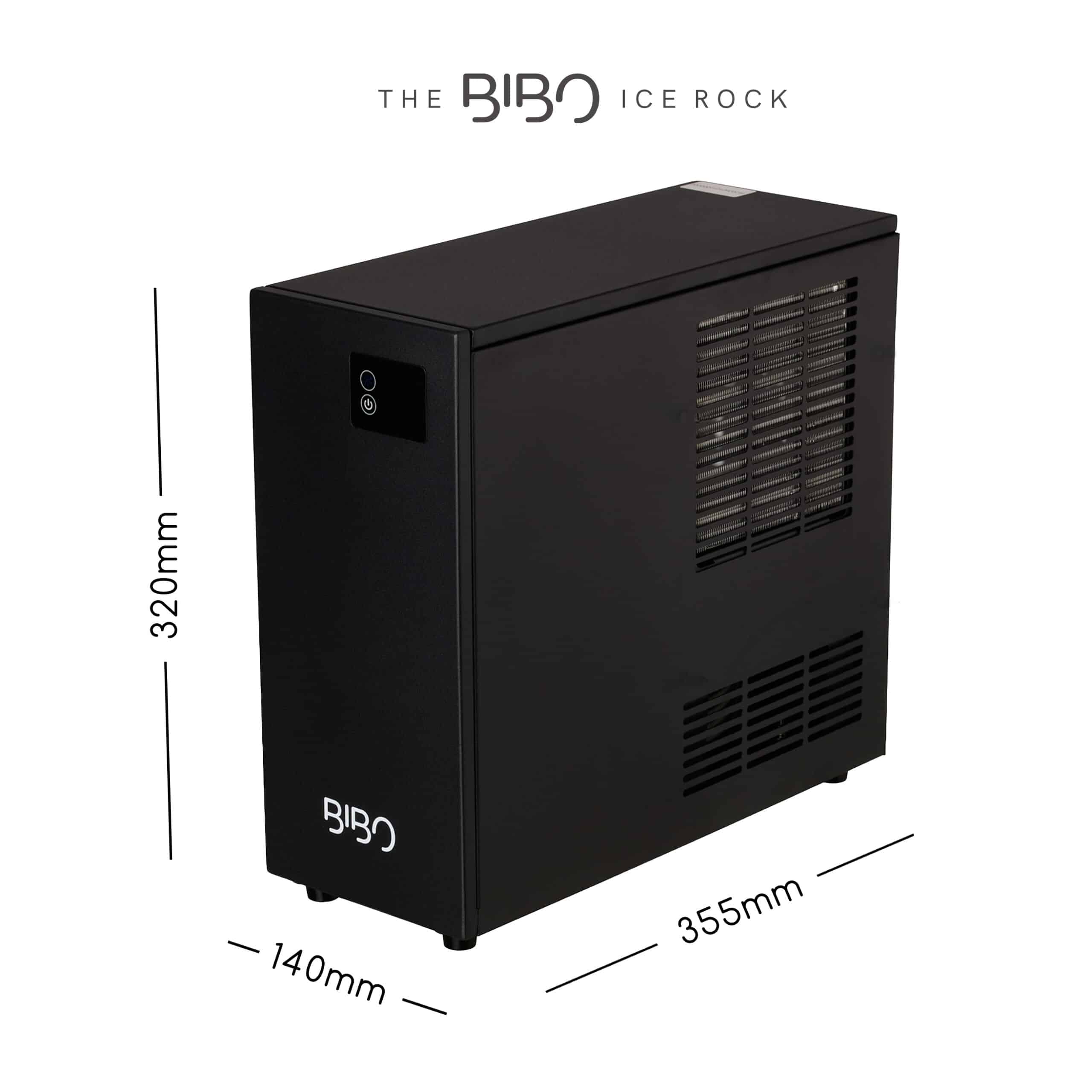BIBO Ice Rock compact black water chiller unit with front control panel and dimensions of 320 mm x 355 mm x 140 mm.